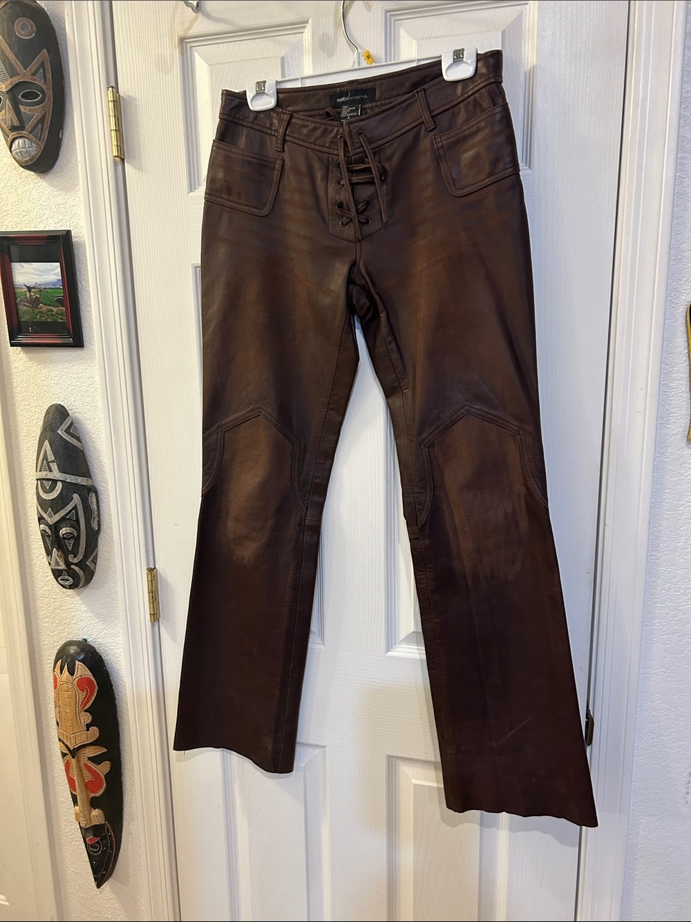Moda International Brown Leather Flare Jeans with Lace-Up Front 8